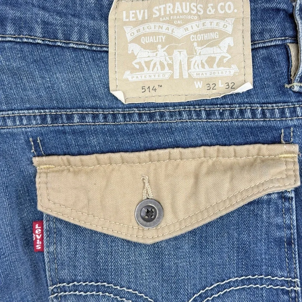 Levis 514 Slim Straight Jeans Mens 32x32 Blue Denim Tan Pocket Flaps 77976-0002